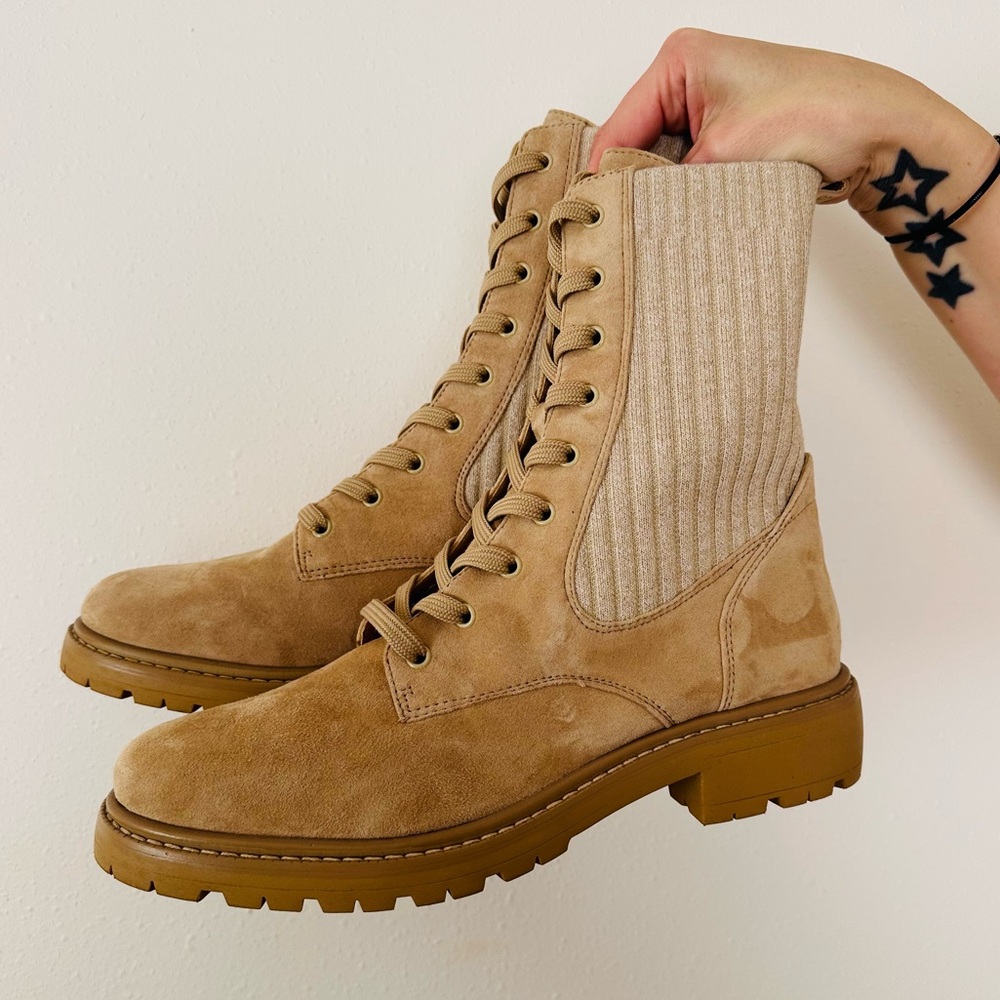 New SAM EDELMAN Lydell Lug-Sole Leather Suede & Knit Combat Boots Sesame Tan